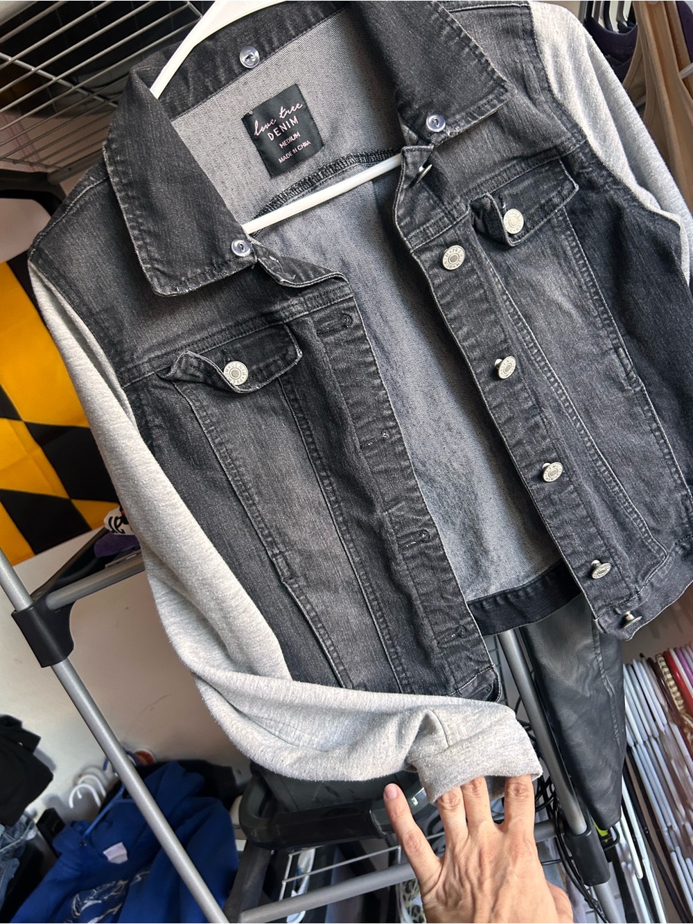 Love Tree Black Washed Denim Jacket with Gray Knit Sleeves